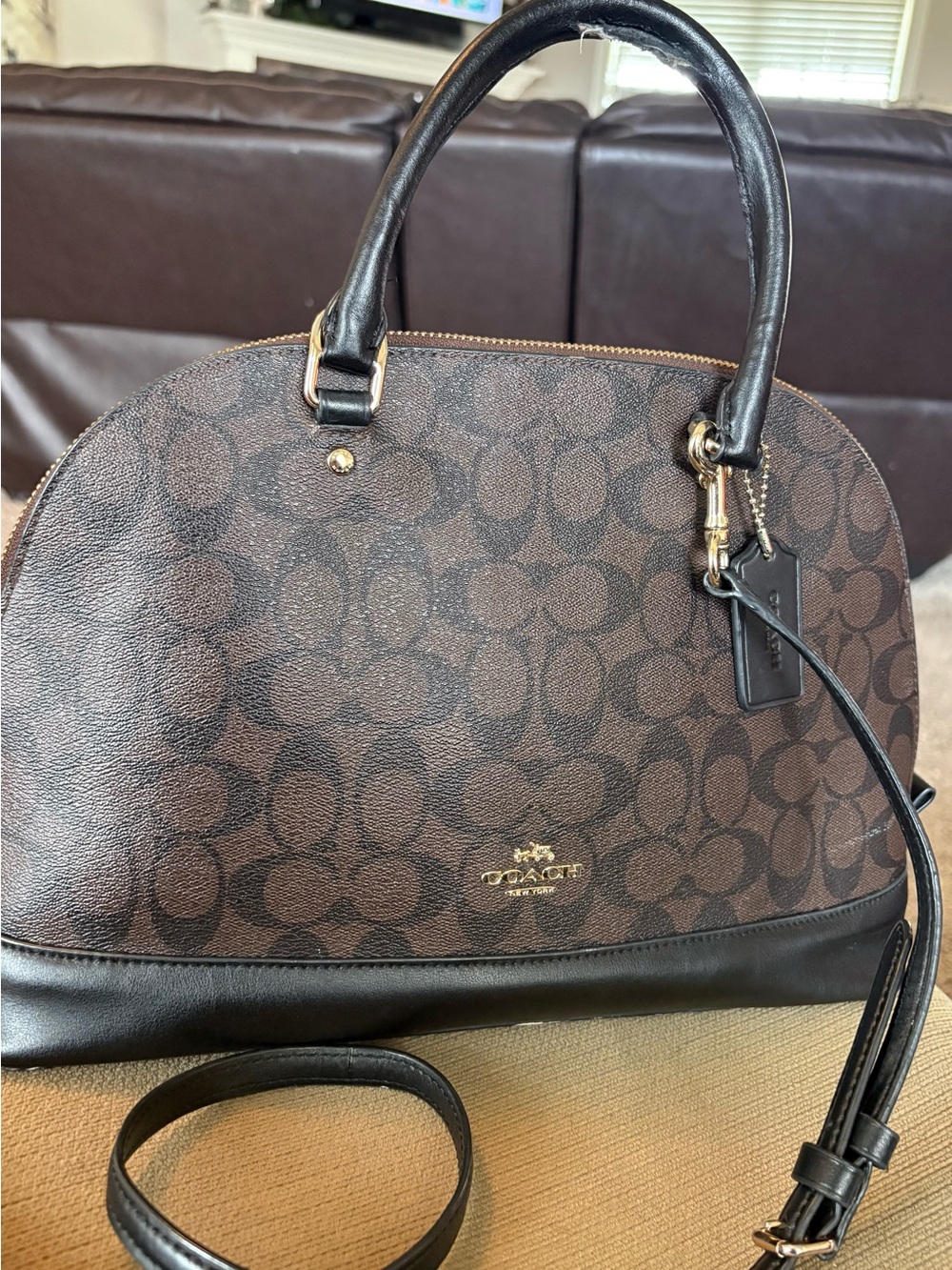 Coach Brown Signature Satchel with Black Trim and Gold Hardware